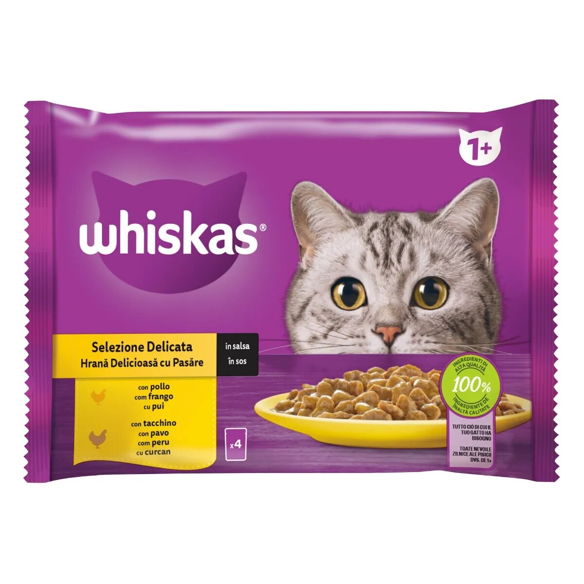 WHISKAS Selectii Pasăre Pui și Curcan plic hrană umedă pisici (în sos) multipack 85g x 4