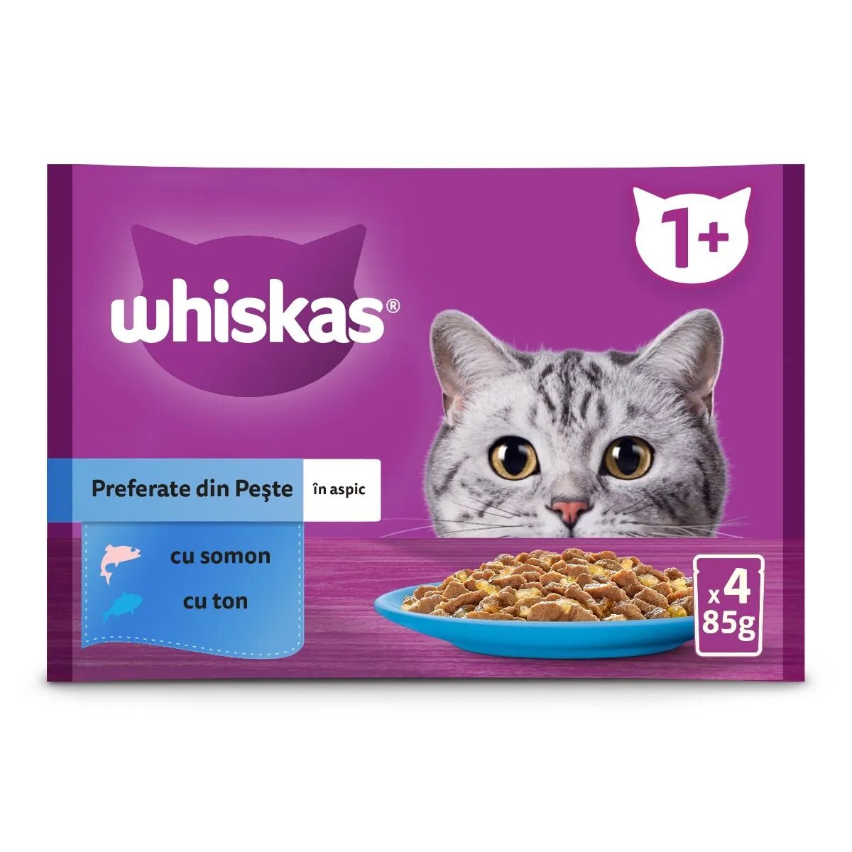 WHISKAS Selectii Pește Somon și Ton plic hrană umedă pisici (în aspic) multipack 85g x 4