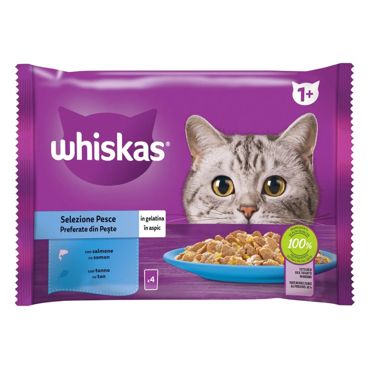 WHISKAS Selectii Pește Somon și Ton plic hrană umedă pisici (în aspic) multipack 85g x 4