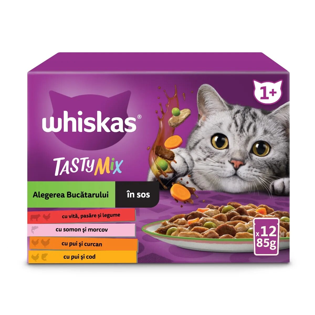 WHISKAS Tasty Mix Chef's Choice Somon Vită Pui și Pasăre Pui și Curcan Pui și Cod plic hrană umedă pisici (în sos) multipack 85g x 12