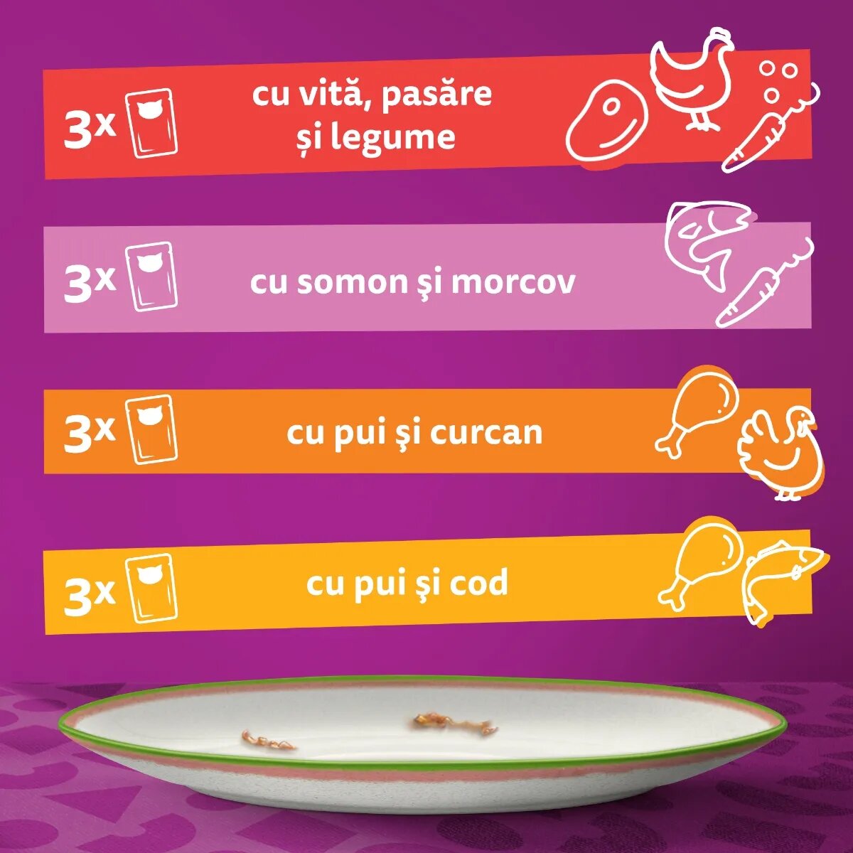 WHISKAS Tasty Mix Chef's Choice Somon Vită Pui și Pasăre Pui și Curcan Pui și Cod plic hrană umedă pisici (în sos) multipack 85g x 12