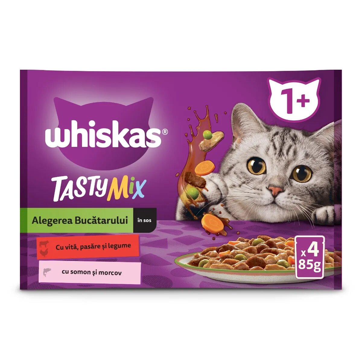 WHISKAS Tasty Mix Chef's Choice Somon Vită și Pasăre plic hrană umedă pisici (în sos) multipack 85g x 4 Tasty Mix Chef's Choice Somon Vită și Pasăre plic hrană umedă pisici (în sos) bax 85g x 12buc
