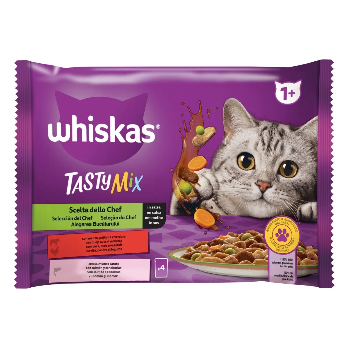 WHISKAS Tasty Mix Chef's Choice Somon Vită și Pasăre plic hrană umedă pisici (în sos) multipack 85g x 4 Tasty Mix Chef's Choice Somon Vită și Pasăre plic hrană umedă pisici (în sos) bax 85g x 12buc