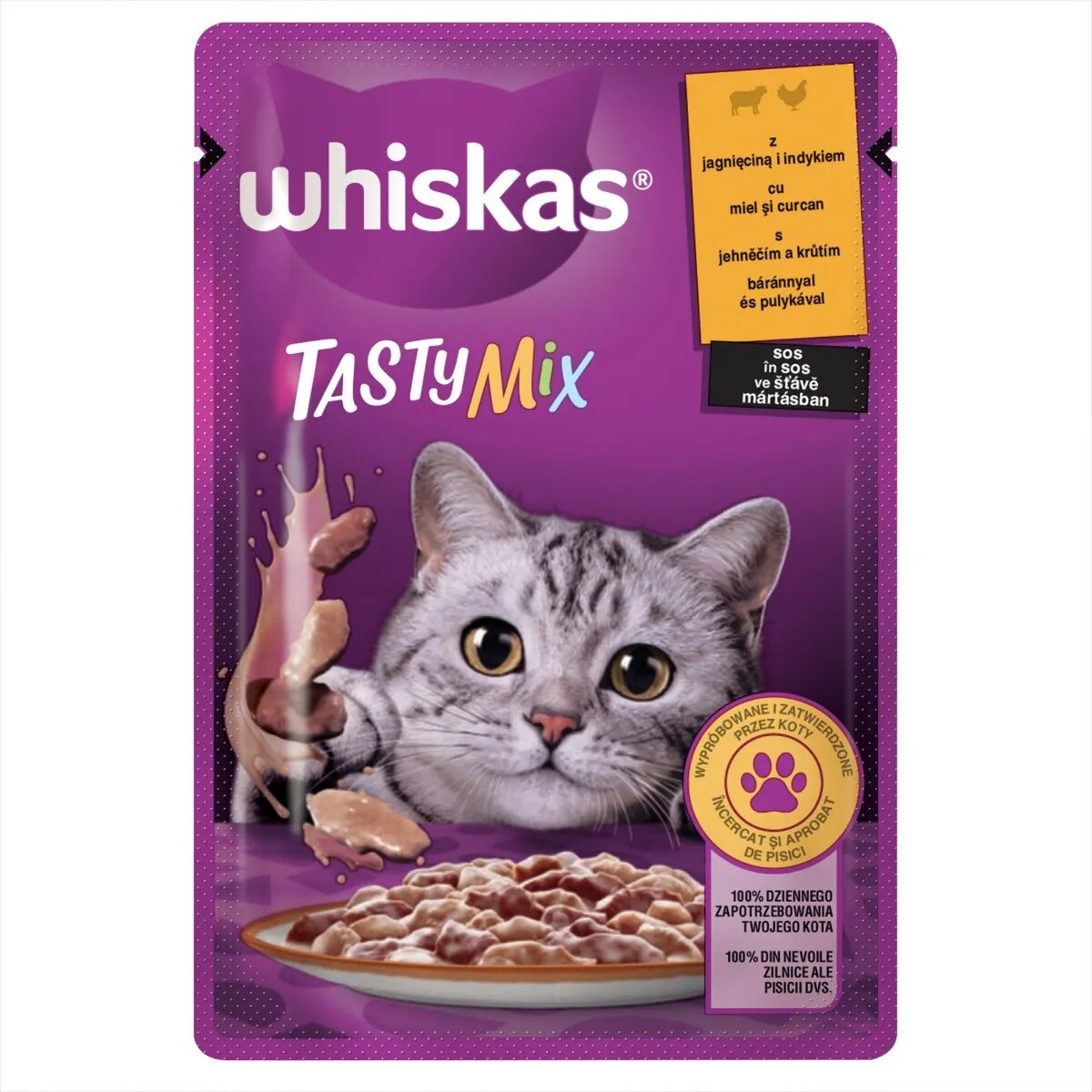 WHISKAS Tasty Mix Creamy Creations Miel și Curcan plic hrană umedă pisici (în sos) 85g