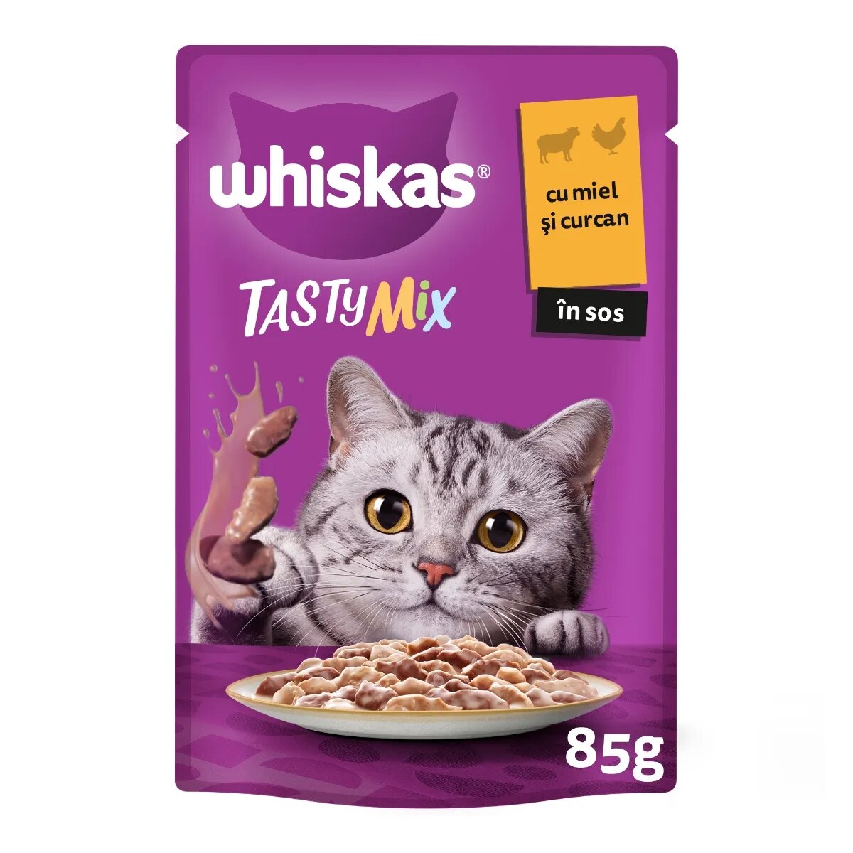 WHISKAS Tasty Mix Creamy Creations Miel și Curcan plic hrană umedă pisici (în sos) 85g