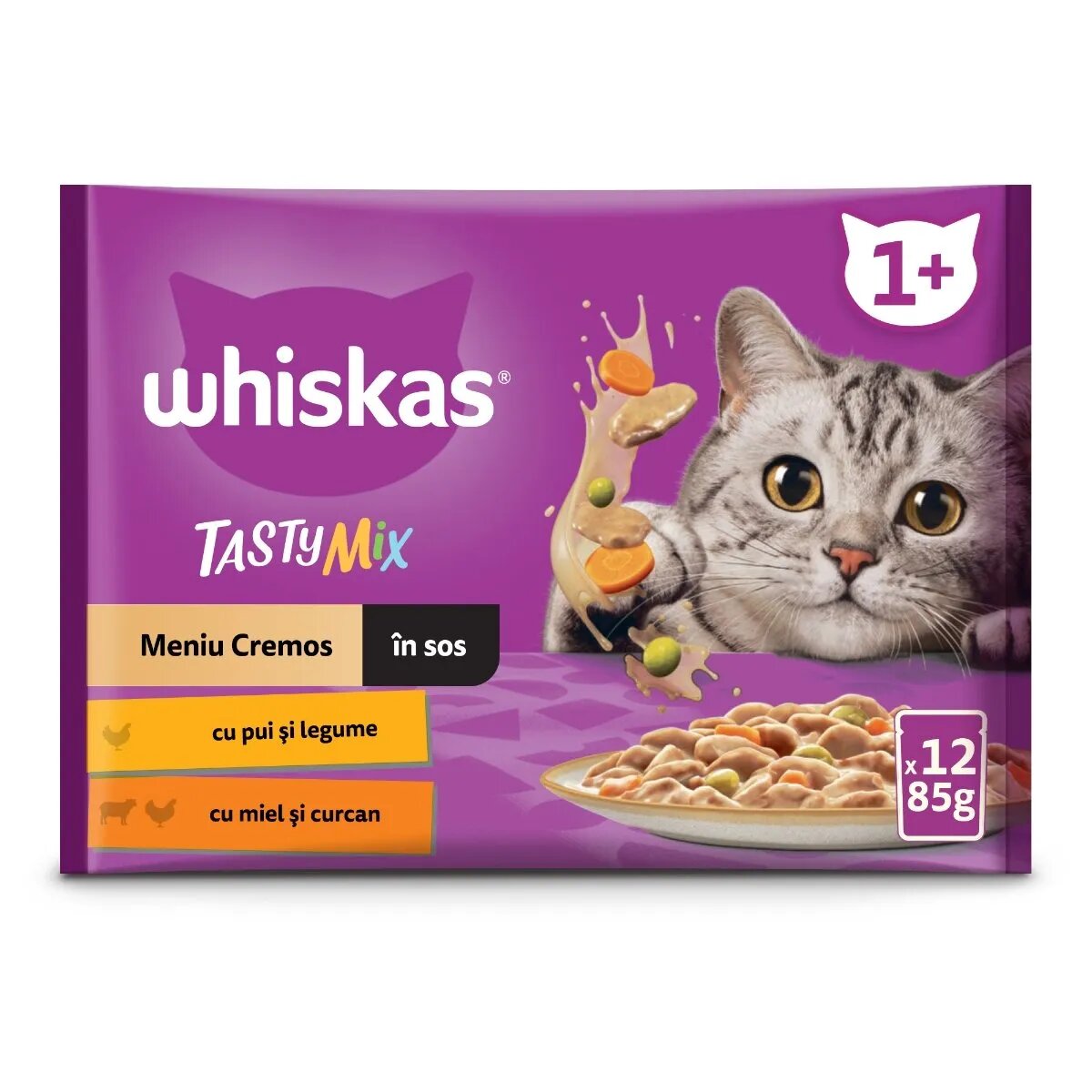WHISKAS Tasty Mix Creamy Creations Pui și Legume Miel și Curcan plic hrană umedă pisici (în sos) multipack 85g x 12