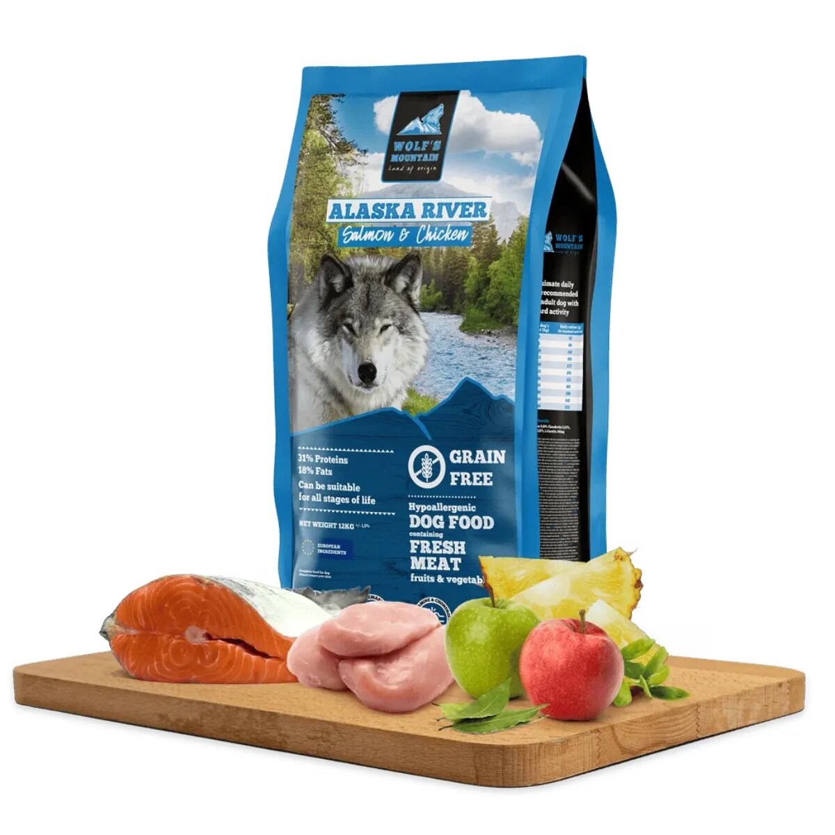 WOLF'S MOUNTAIN Alaska River XS-XL Somon și Pui hrană uscată fără cereale câini 12kg