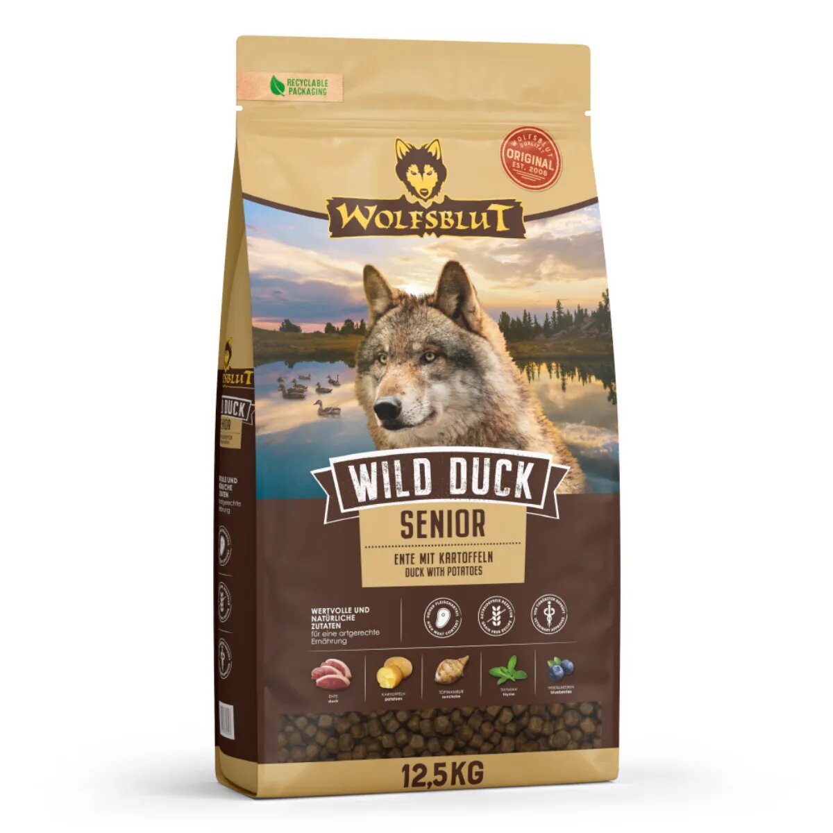WOLFSBLUT Wild Duck Senior XS-XL Rață hrană uscată fără cereale câini senior 12.5kg