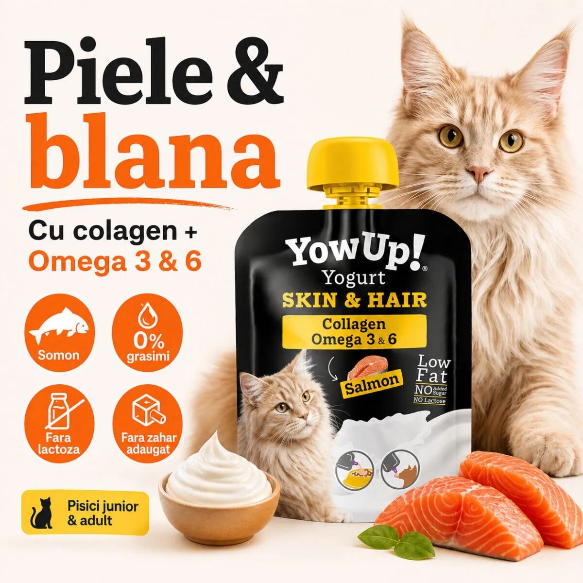 YOWUP! Yogurt Hair & Skin Somon recompense funcționale pisici junior & adult piele & blană (topping) 85g