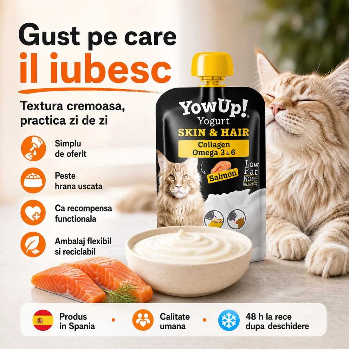 YOWUP! Yogurt Hair & Skin Somon recompense funcționale pisici junior & adult piele & blană (topping) 85g