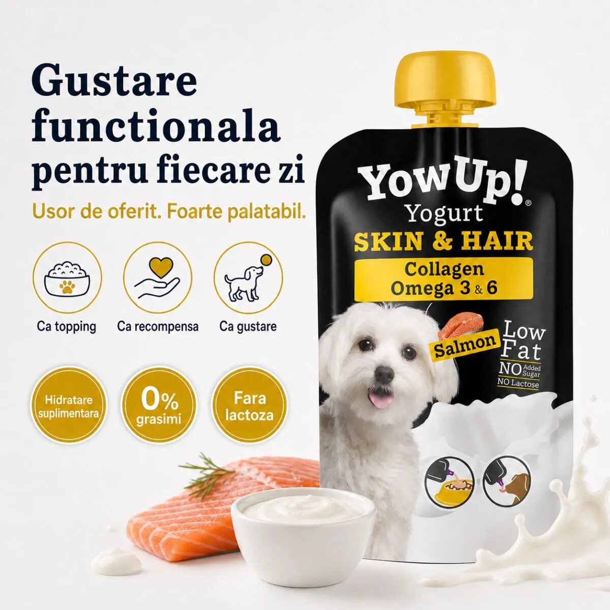 YOWUP! Yogurt Hair & Skin XS-XL Somon recompense funcționale câini piele & blană (topping) 115g