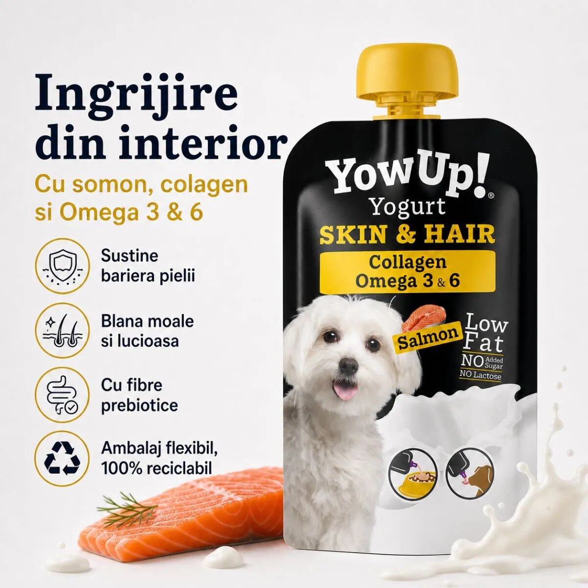YOWUP! Yogurt Hair & Skin XS-XL Somon recompense funcționale câini piele & blană (topping) 115g