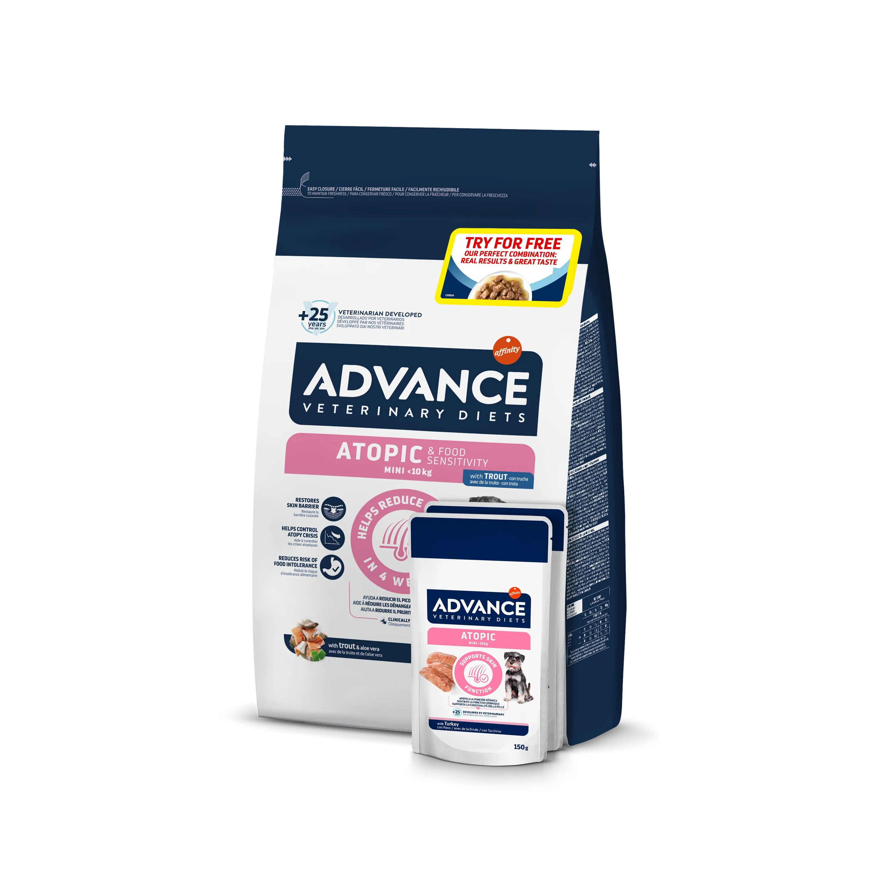Advance Diets Dieta Veterinara Caini Advance Veterinary Diets Dog Atopic & Food Sensitivity Mini Pastrav 1.5 kg + 2x Advance Veterinary Diets Dog Atopic Derma Care 150 g