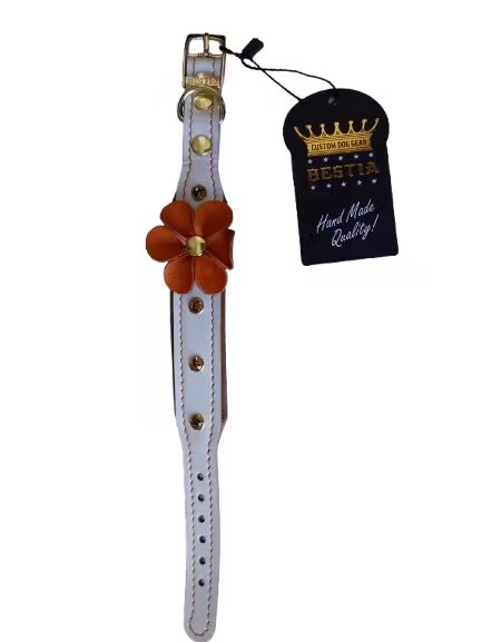 Bestia Zgarda Flower Piele Naturala M: 30-35 cm Alb/ Maro/ Portocaliu