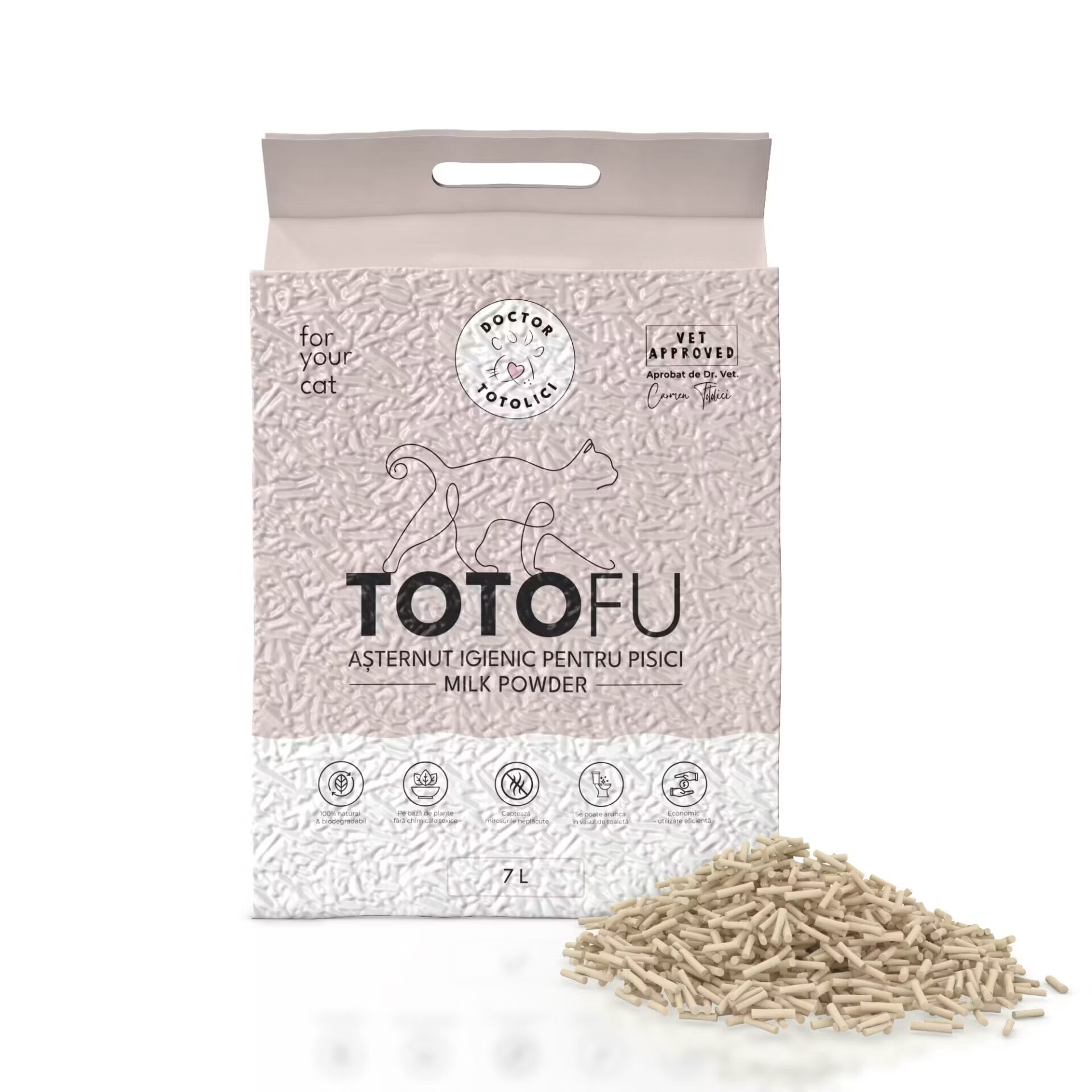 Doctor Totolici Asternut igienic pentru litiera TOTOFU natural pe baza de plante ultra-absorbant cu pudra de lapte 7 L