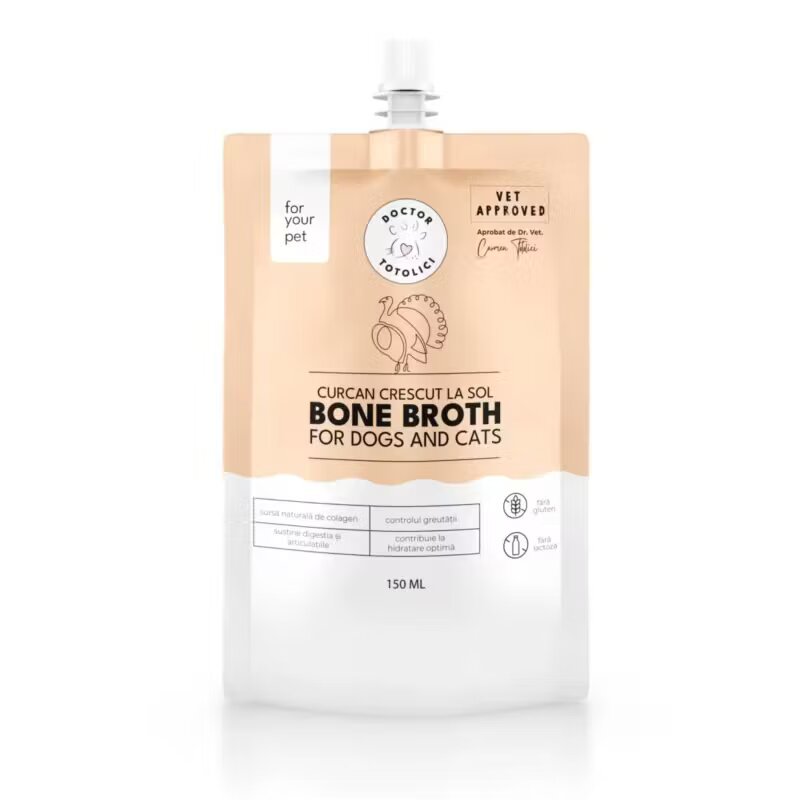 Doctor Totolici Supa de oase de curcan bio pentru caini si pisici cu dop resigilabil 150 ml