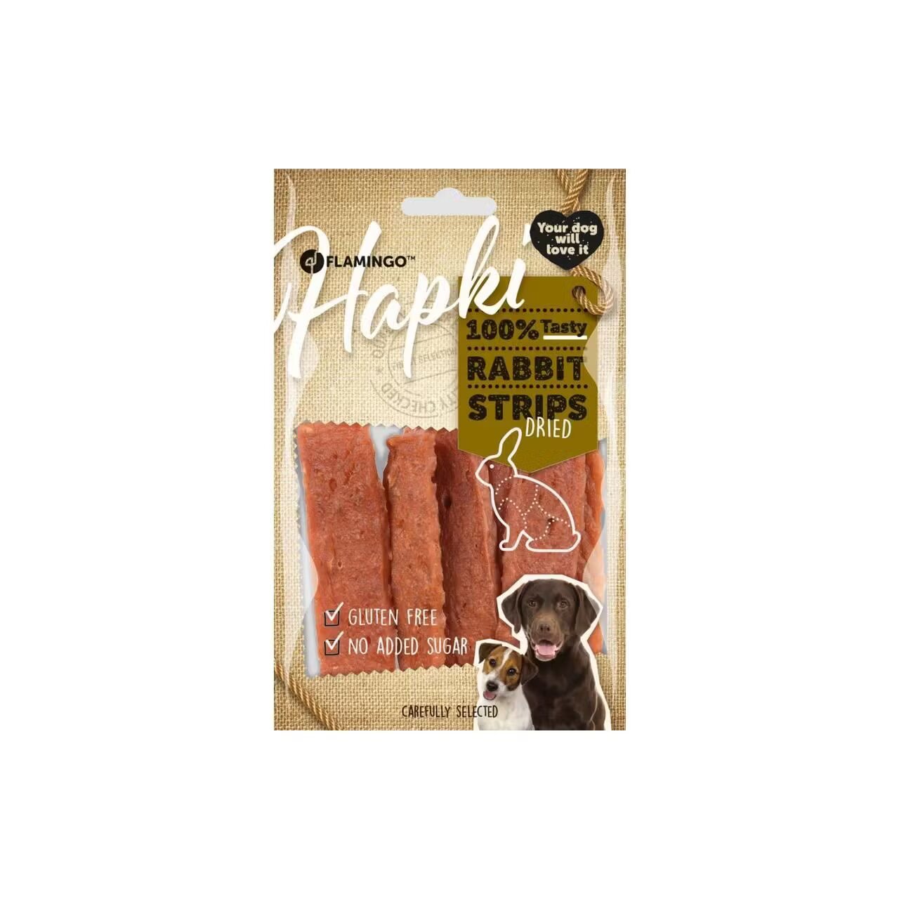 Flamingo RECOMPENSE PENTRU CAINI SNACK HAPKI STRIPS CU IEPURE 85G