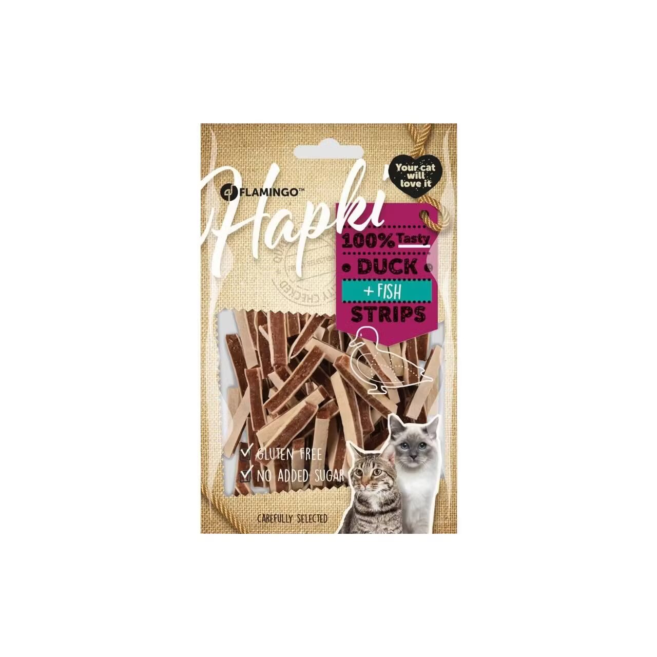Flamingo RECOMPENSE PENTRU PISICI SNACK HAPKI STRIPS RATA&COD 85G