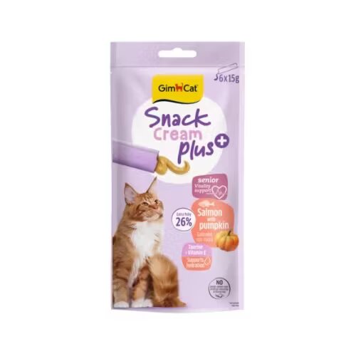 GimCat Recompense pisici senior Snack Cream Plus+ Somon si Dovleac 6 x 15 g
