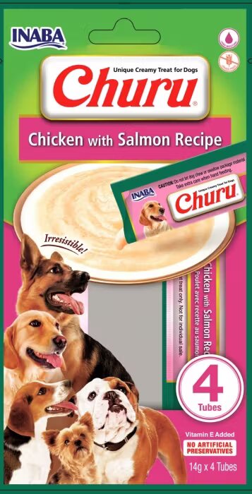 Inaba Churu Recompense Cremoase pentru Caini cu Pui si Somon 14 g x 4 buc