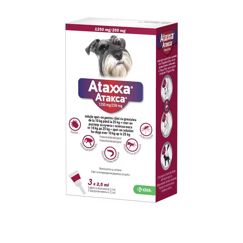 KRKA Ataxxa Dog pipete antiparazitare pentru caini de talie medie 10-25 kg/ 3 pipete