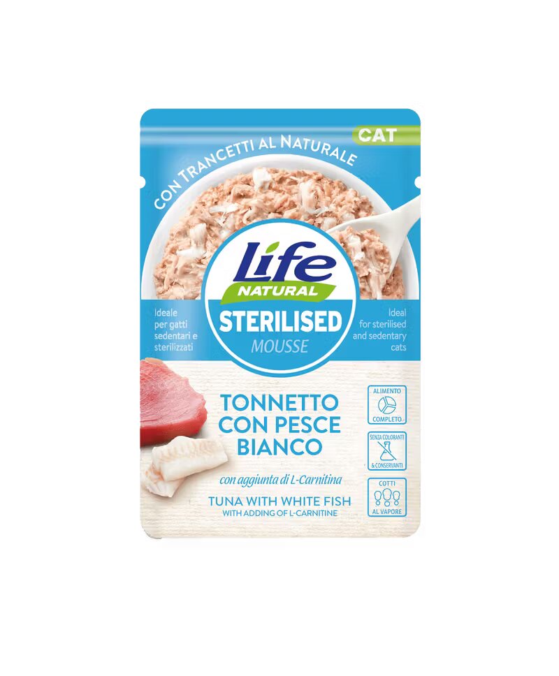 Life Natural Hrana Umeda Pisici Sterilizat Mousse Ton si Peste Alb 70 g