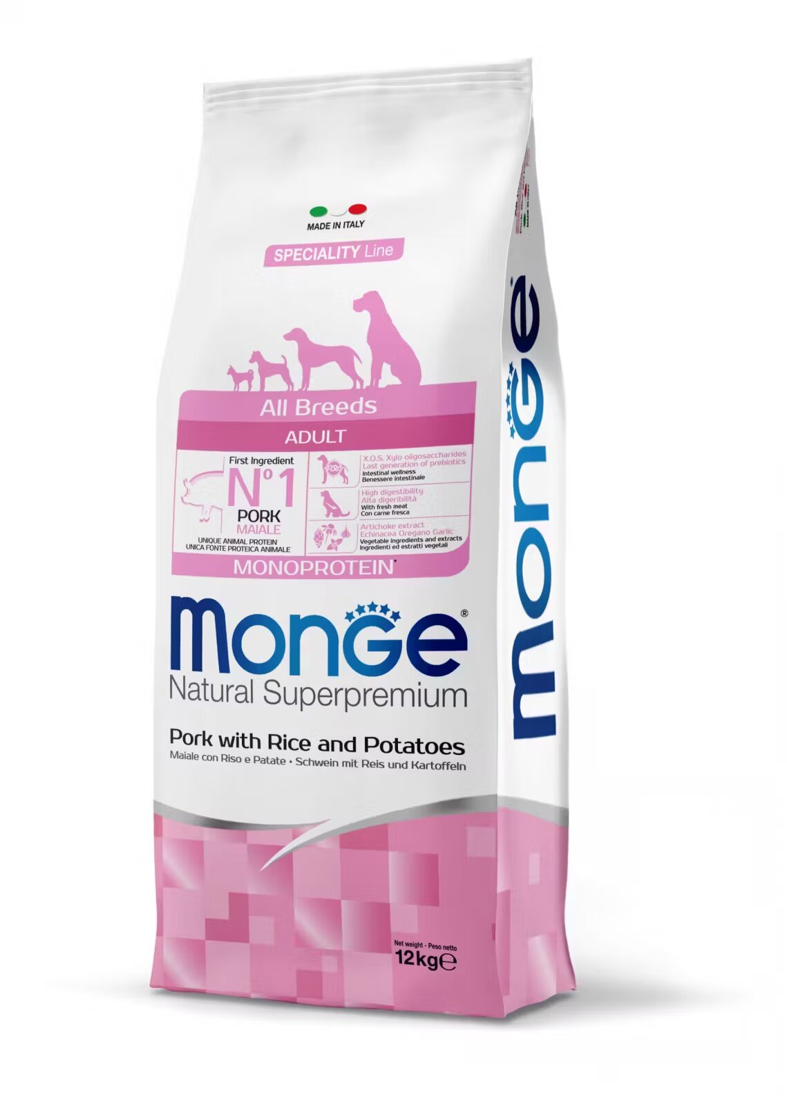 Monge Hrana uscata caini Natural Superpremium Monoprotein Adult All Breeds Porc & Orez 12 kg