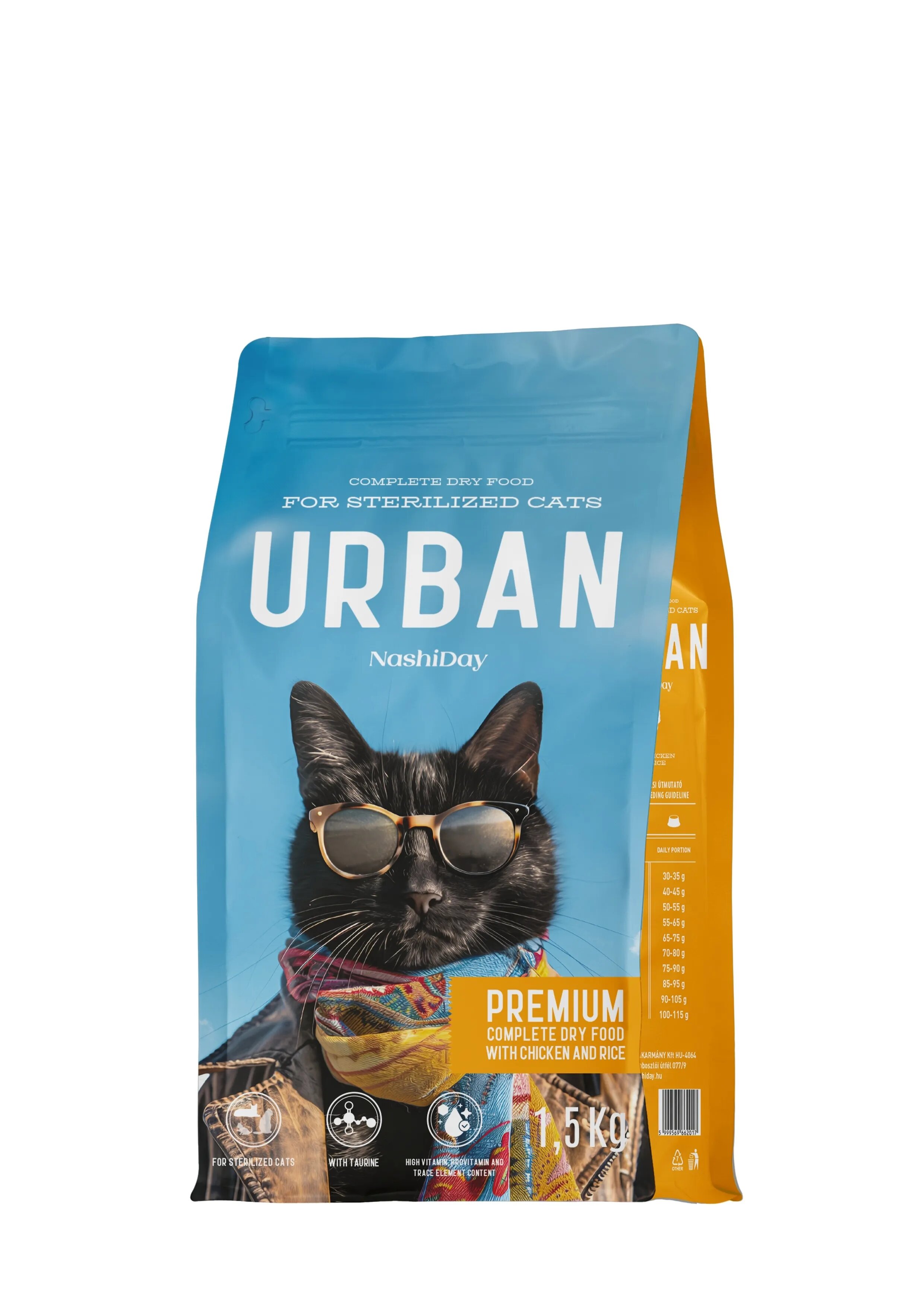 NashiDay Hrana Premium Uscata Pisici Sterilizate Urban Pui si Orez 1.5 kg