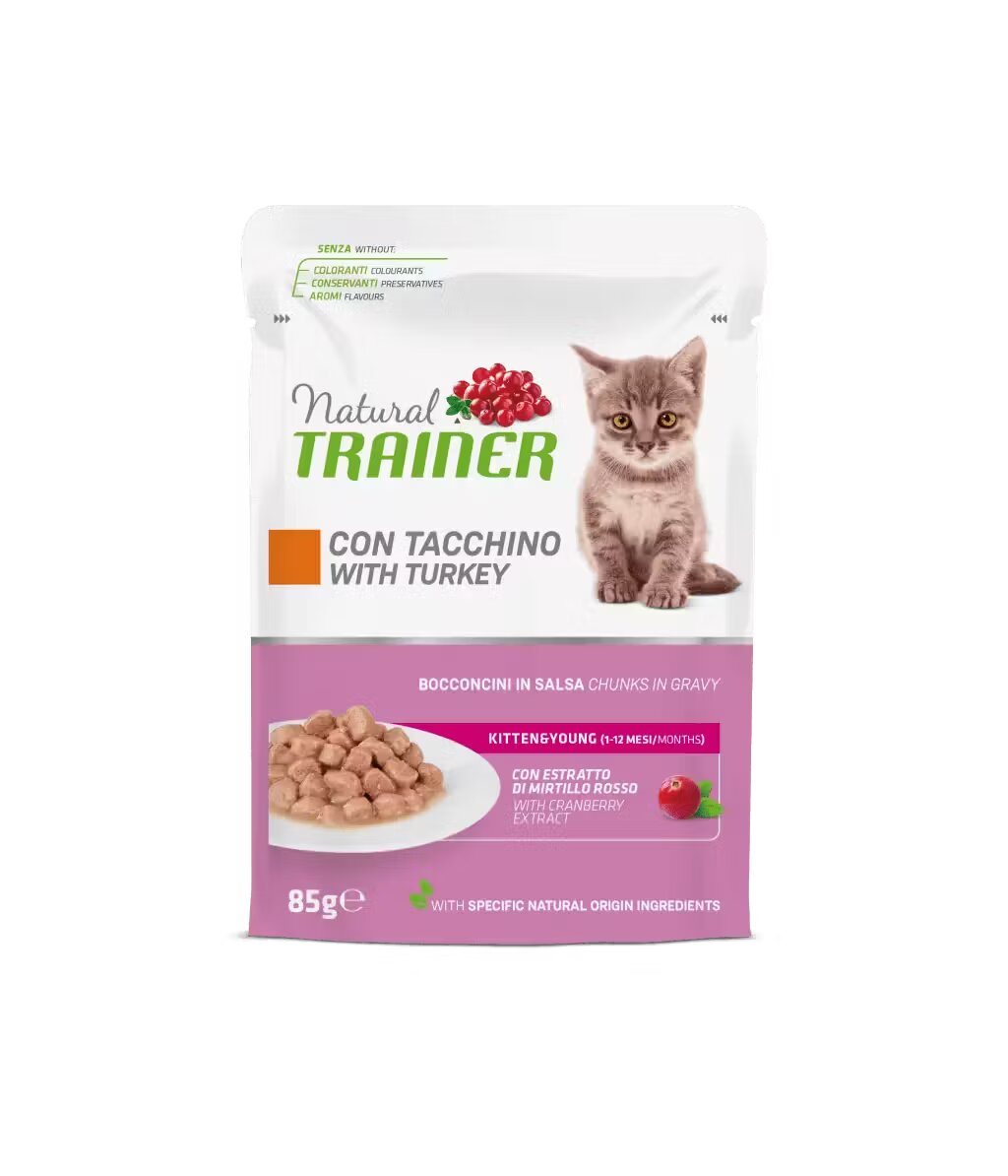 Natural Trainer Kitten & Young cu Bucati de Curcan in Sos 85 g