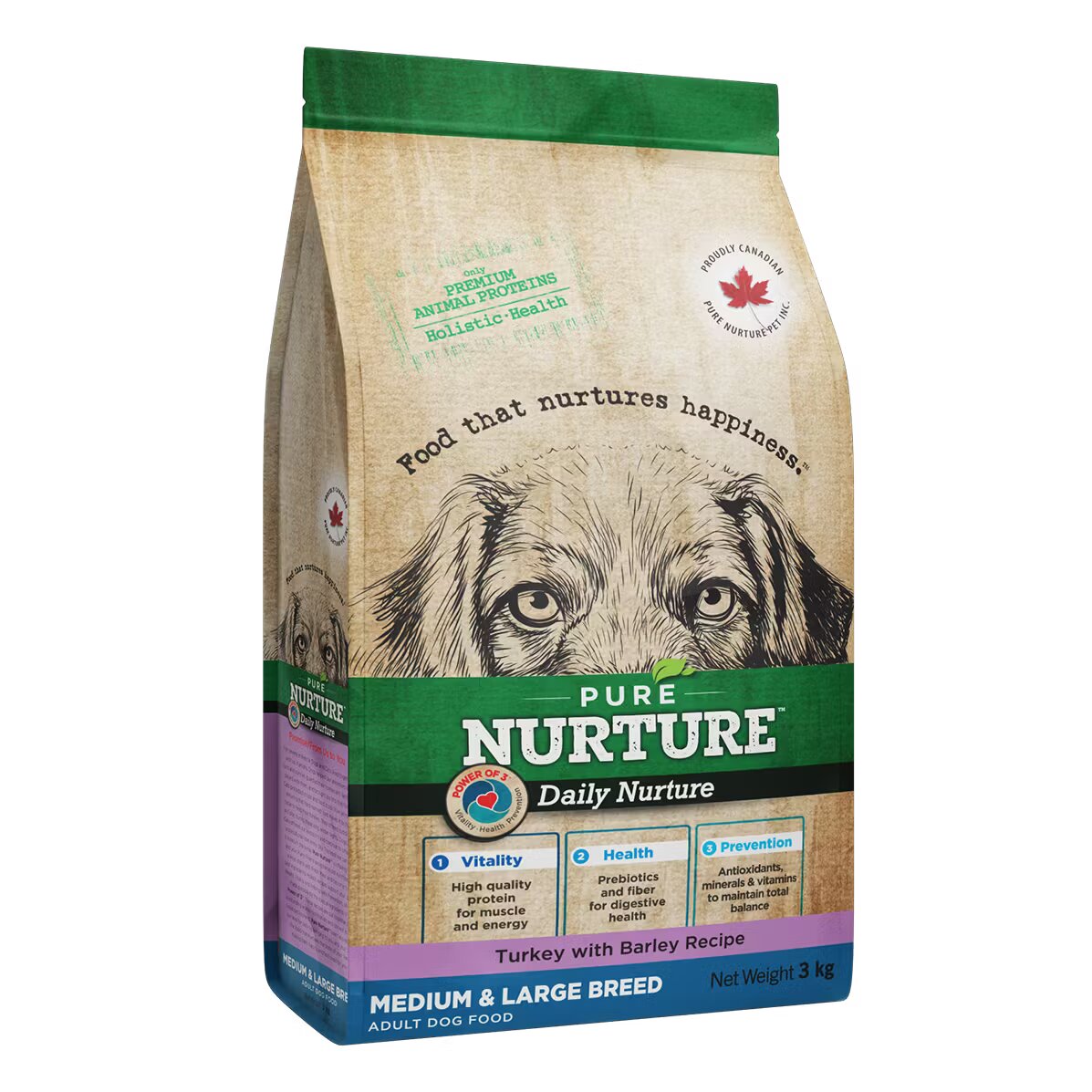 Pure Nurture Hrana caini de talie medie si mare cu orz si curcan 3 kg