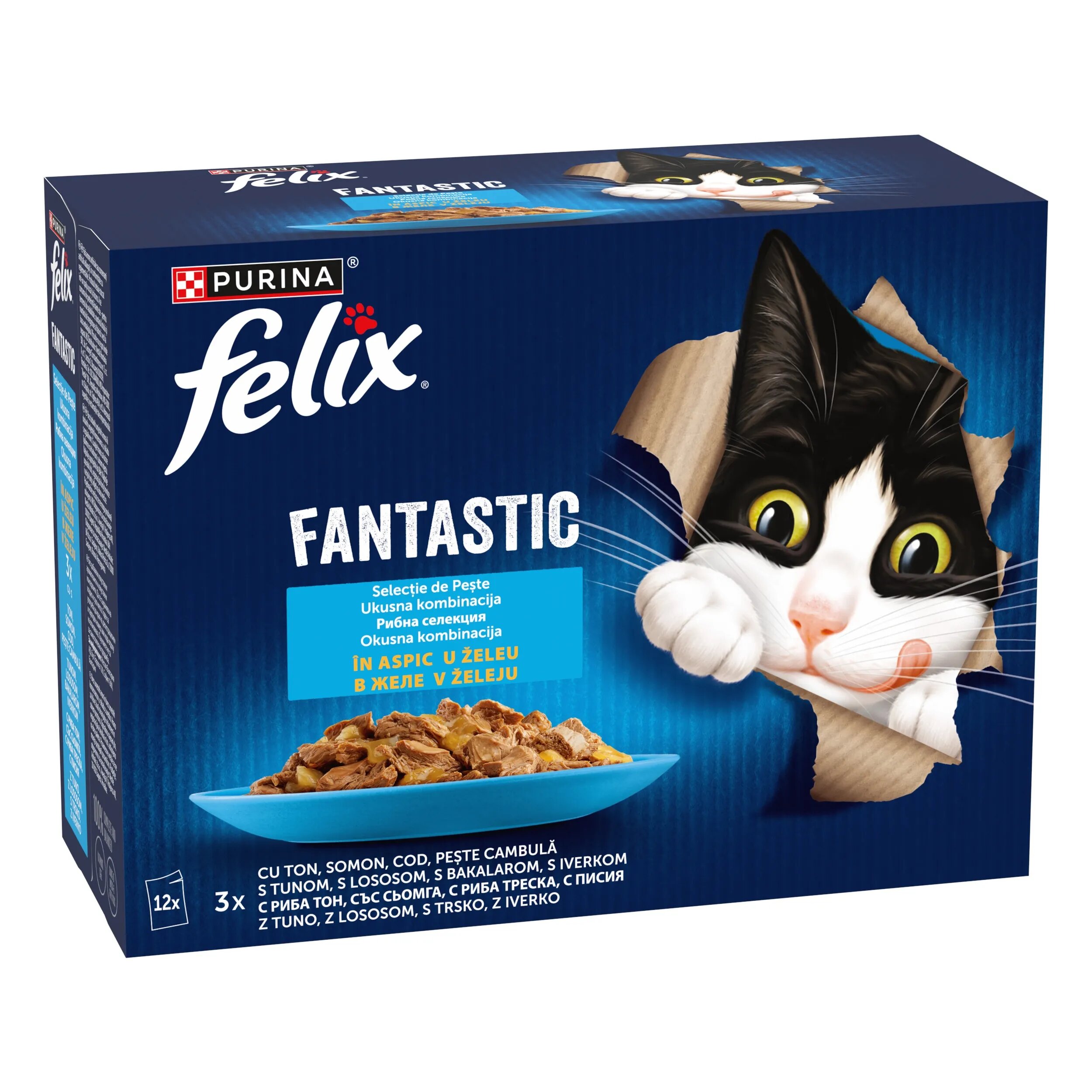 Purina Felix Fantastic Ton Somon Cod Peste Cambula in Aspic 12 x 85 g