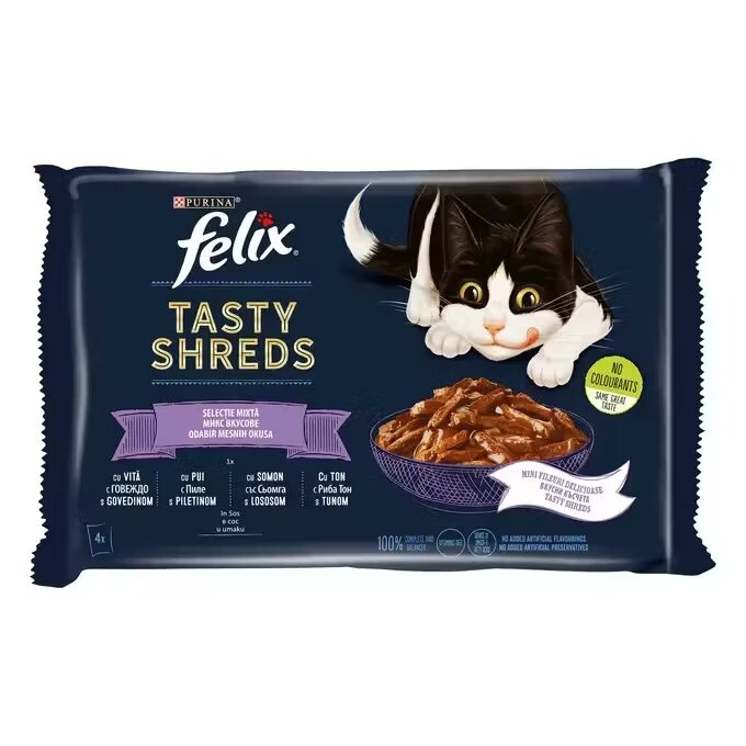 Purina Felix Tasty Shreds Vita Pui Somon si Ton in sos 4x80 g