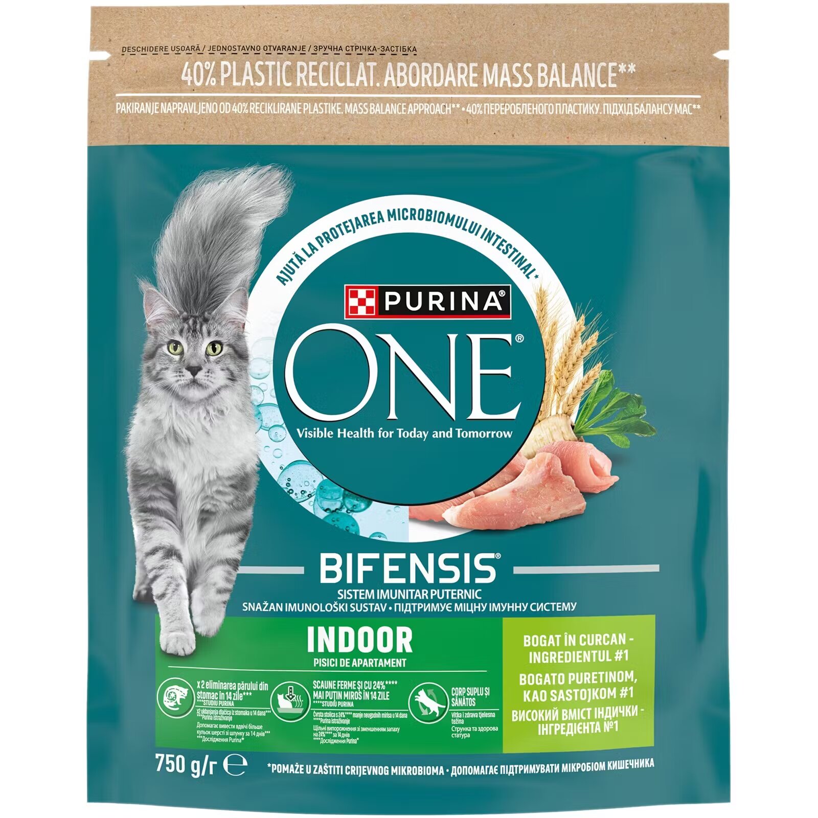 Purina ONE INDOOR Formula Curcan si Cereale Integrale hrana uscata pentru pisici 750 g
