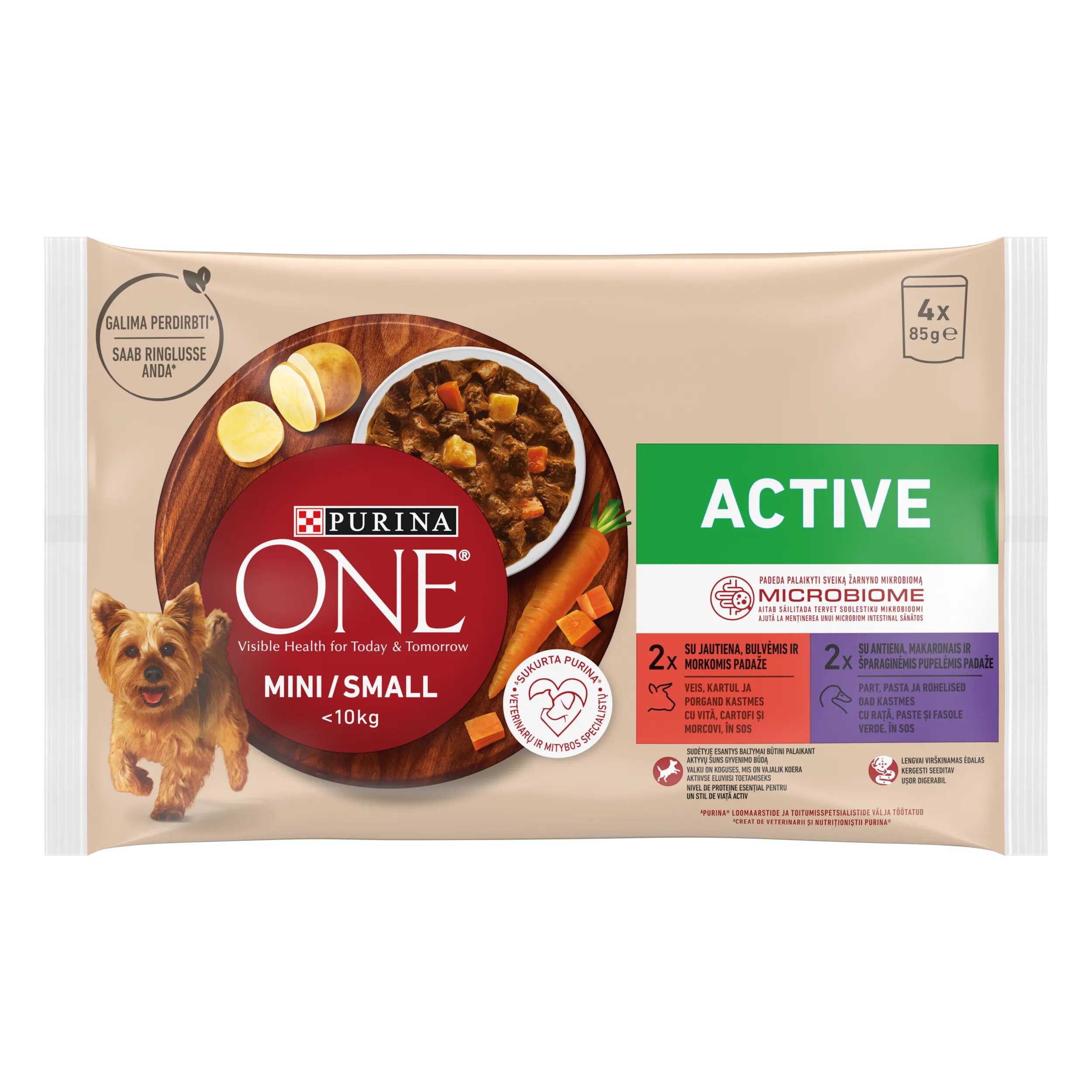 Purina ONE MINI Active vita cartofi si morcovi/ cu rata paste si fasole verde in sos 4x85 g