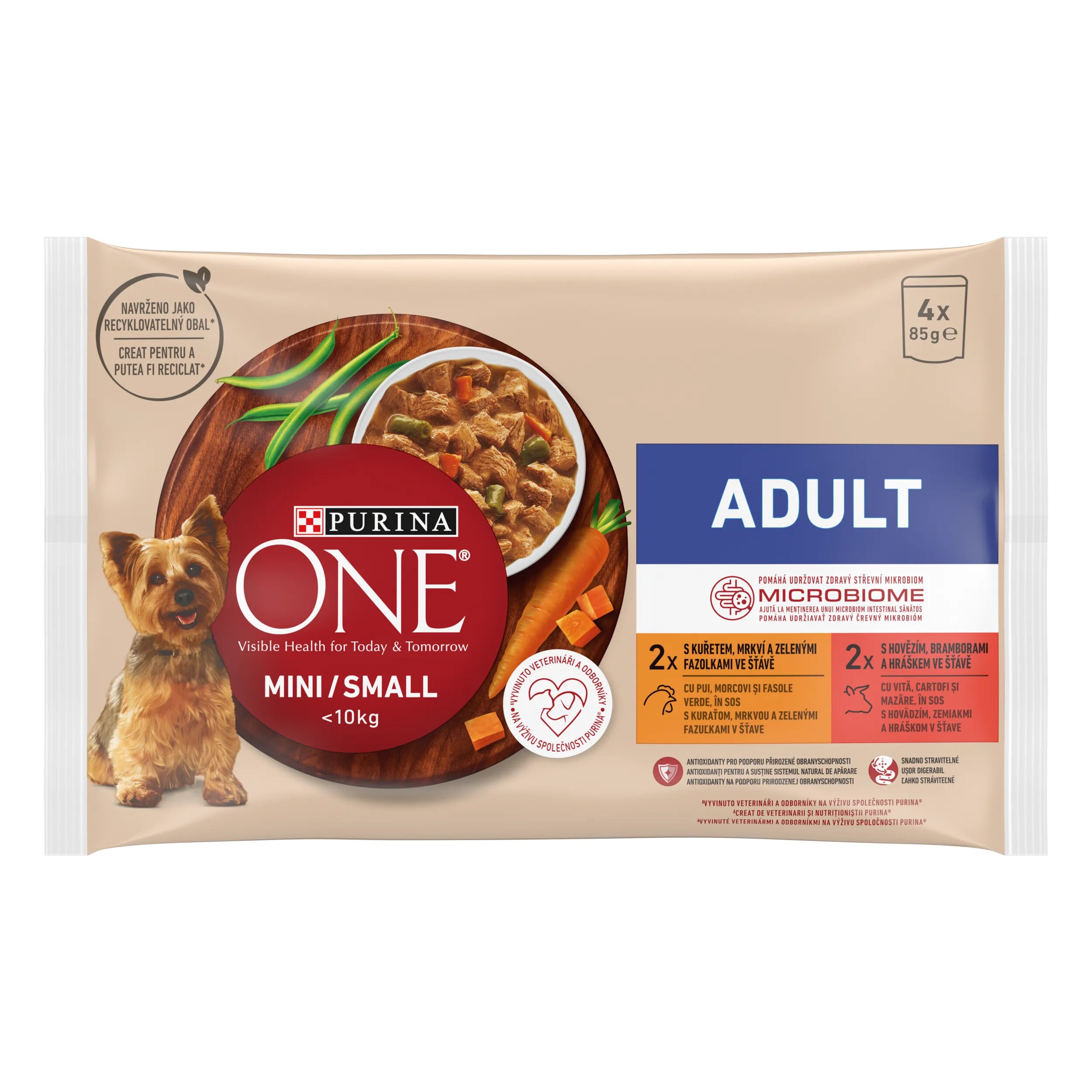 Purina ONE MINI Adult pui morcovi si fasole verde/ cu vita cartofi si mazare in sos 4x85 g