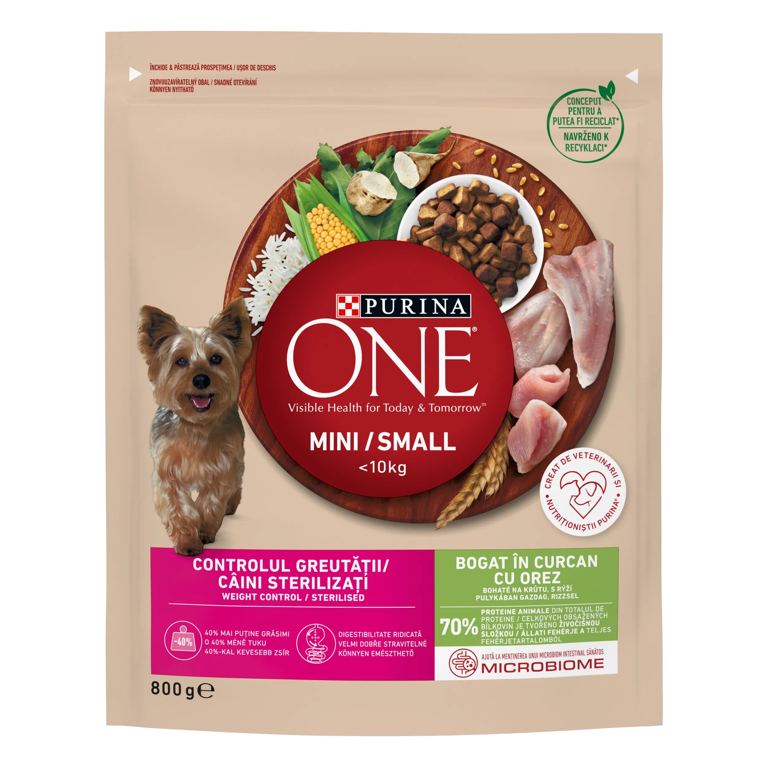 Purina ONE MINI Weight Control Curcan si Orez hrana uscata pentru caini 800 g