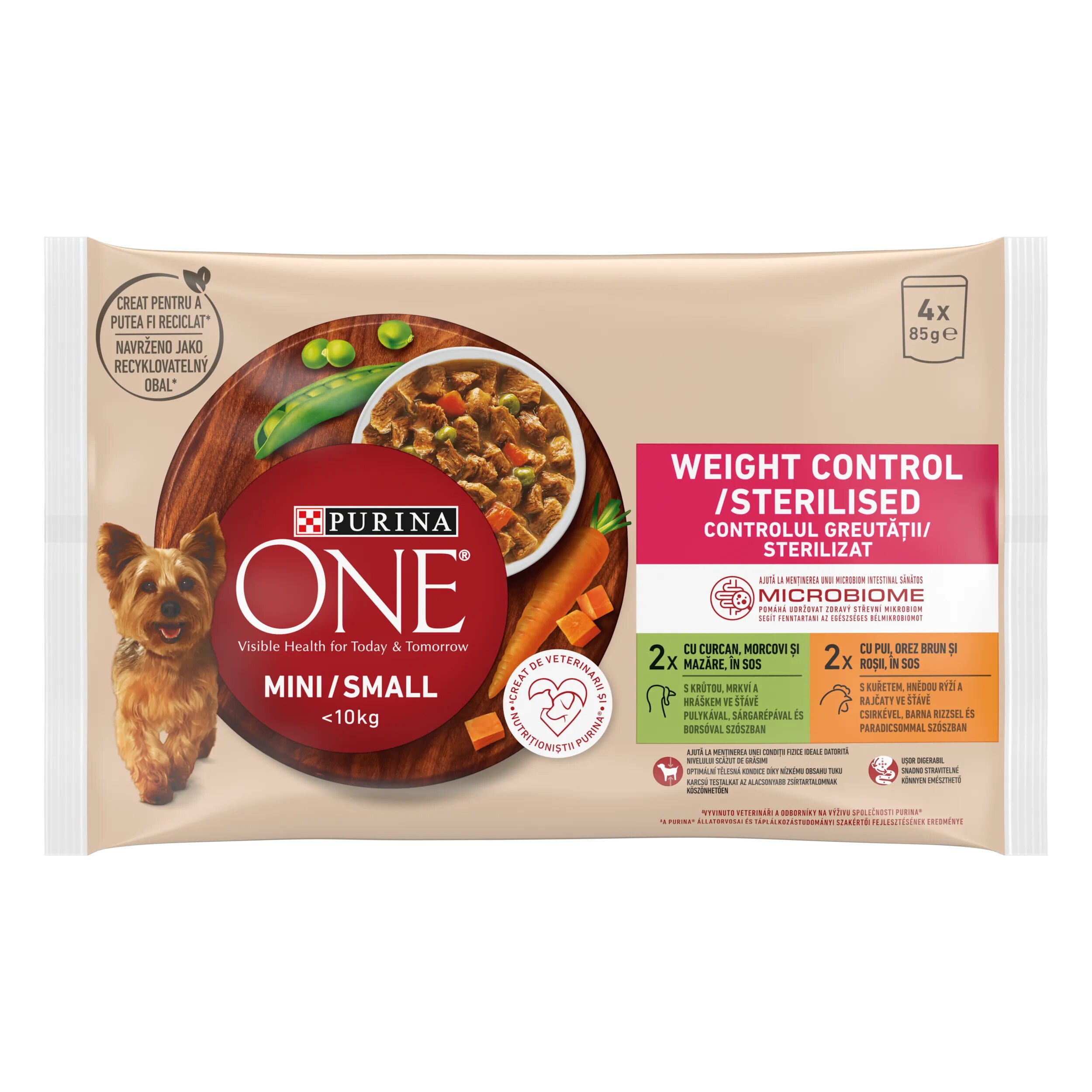 Purina ONE MINI Weight Control/ Sterilised curcan morcovi si mazare/ cu pui orez brun si rosii in sos 4x85 g