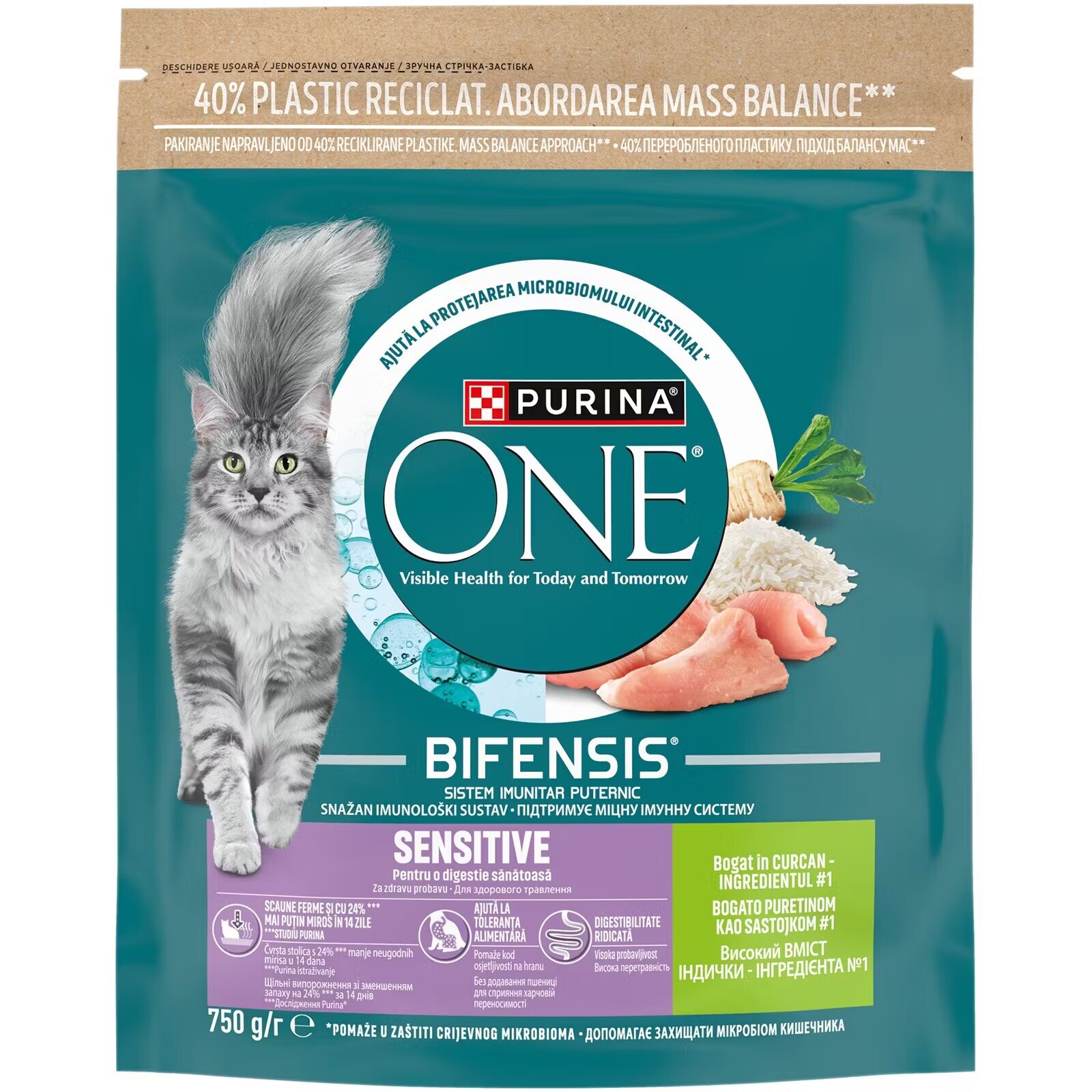 Purina ONE SENSITIVE Curcan si Orez hrana uscata pentru pisici 750 g
