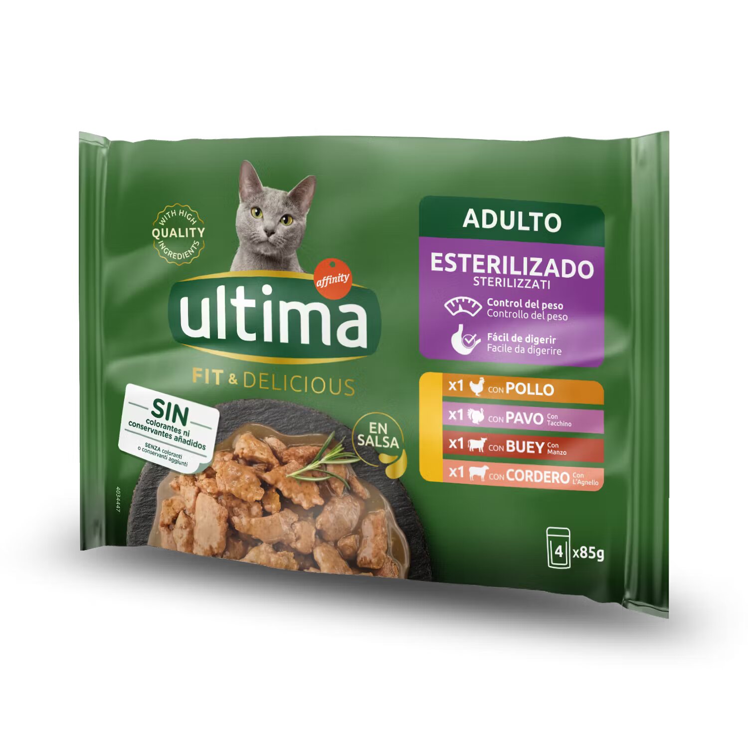 Ultima Cat Hrana umeda pisici Adult Sterilizat Fit & Delicious Multipack Pui Curcan Vita & Miel 4x85 g